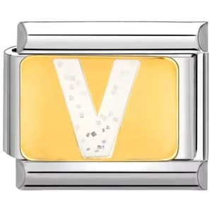 Eslabón para pulsera italiana con letra V dorada brillante en acero inoxidable