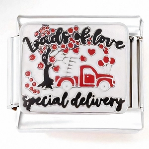 Dettaglio macro della maglia charm italiana con design camion loads of love in acciaio