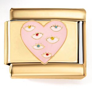 Italian modular charm gold link with pink heart and colorful evil eye enamel design