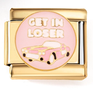 Detail of Italian charm with pink vintage car and 'Get In Loser' text in gold finish