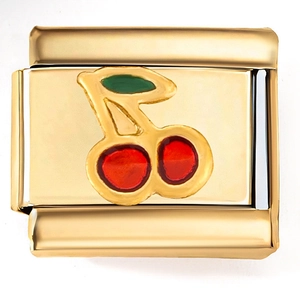 18K gold plated stainless steel Italian charm link with red cherry enamel pattern