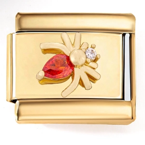 18K gold Italian charm bracelet link with spider design and pear-shaped red zircon