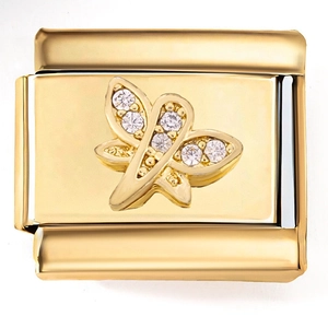 Detail of 18K gold modular charm with sparkling zircon floral inlay for Italian bracelet