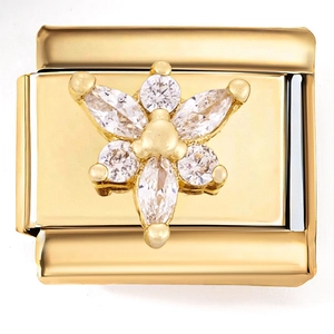 Detailed close-up of 18K gold Italian charm link with marquise cubic zirconia flower