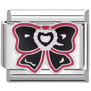 Italian modular charm bracelet in silver stainless steel with pink and black bow heart