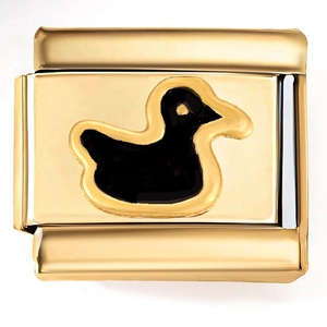 Detail shot of golden Italian charm link with a black duck design on stainless steel