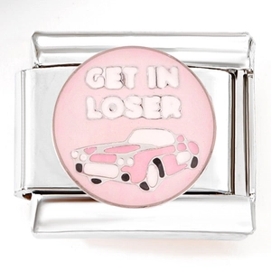 Italian charm link with pink Get In Loser car design and polished stainless steel base
