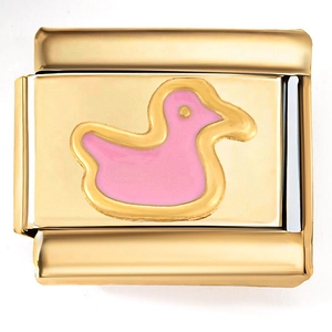 Detail of Italian charm link featuring a pink enamel duck on a gold-plated stainless steel base