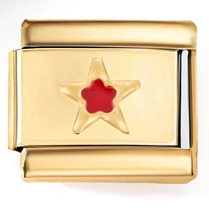 Detail of 18K gold plated Italian charm link featuring a red enamel star pattern