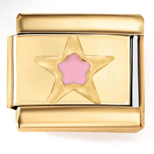 Macro shot of gold Italian charm link featuring a pink enamel star on stainless steel