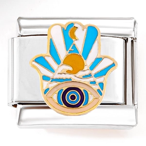 Macro view of Italian charm link featuring Hamsa Hand with Evil Eye and enamel details