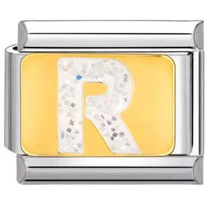 Vista macro del eslabón para pulsera italiana con letra R dorada y brillos