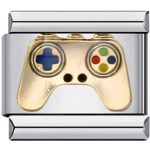 Italian charm bead with vintage golden game controller design on stainless steel base