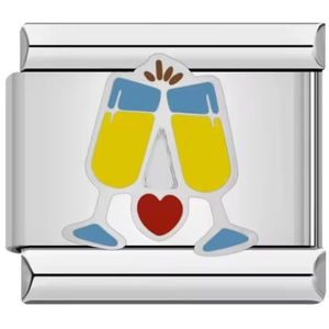 Macro detail of Italian charm bead with champagne flutes and heart on stainless steel