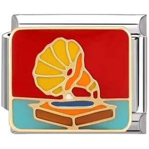 Italian charm link with vintage gramophone enamel art on stainless steel bracelet