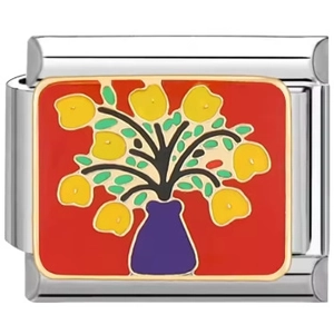 Detail of Italian charm link featuring floral enamel art with purple vase and yellow flowers