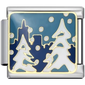Italian charm link featuring a snowy winter forest scene with blue sky and metal base