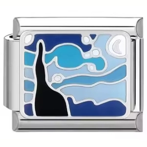 Detailed macro view of an Italian charm link with Starry Night enamel art and steel base