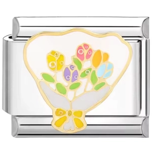 Macro shot of Italian charm module with colorful enamel flowers and a yellow bow detail