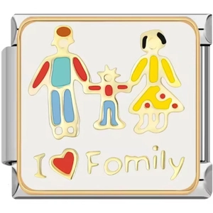 Detail of Italian charm link featuring family cartoon and I Love Family text design