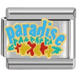 Close-up of a blue Paradise enamel charm link for modular stainless steel bracelets