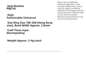 Specifications chart for S925 silver ring detailing size, weight, and plating process