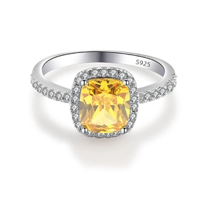 Detailed close-up showing the S925 silver hallmark and cushion-cut yellow gemstone