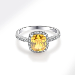S925 sterling silver ring with large cushion-cut yellow stone and white zircon accents