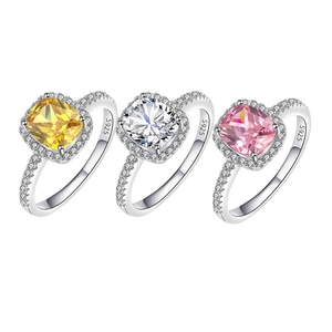 Three-piece S925 silver ring set with cushion-cut stones in yellow, white, and pink tones