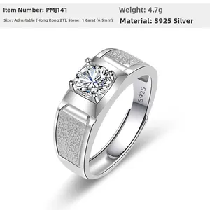Details des S925 Silber Herrenrings mit 1ct Runddiamant und verstellbarem Band