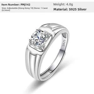 Makroaufnahme des S925 Sterlingsilber Herrenrings mit 1ct rundem Diamanten im Brillantschliff