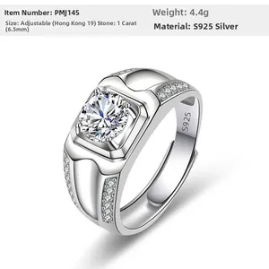 Detailansicht der verstellbaren S925 Sterlingsilber Herrenrings mit 1ct brillantem Diamanten
