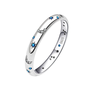 Anello cielo stellato in argento S925 con zirconi blu motivi luna e stelle lucidi