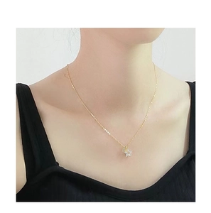 Détail d'un pendentif étoile en argent S925 doré serti de cristaux porté par un mannequin