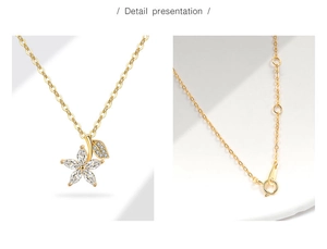 Détails du collier en argent S925 doré avec pétales en zircone et motif feuille élégant