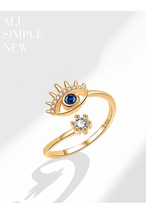 Detail of S925 sterling silver evil eye ring with blue gem and clear cubic zirconia