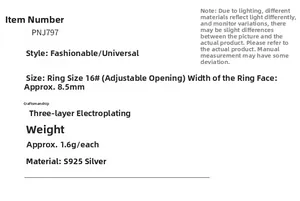 Tabla de especificaciones para anillo de plata S925 con detalles de talla ajustable