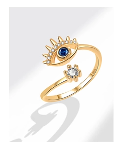Macro detail of S925 hallmark on gold adjustable Evil Eye ring with blue gemstone