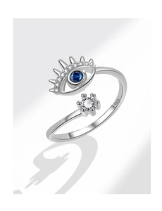 Macro shot of S925 sterling silver evil eye ring showing detailed sapphire blue stones
