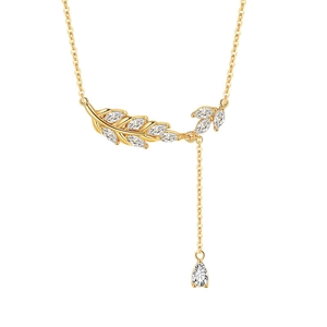 Elegante collana a Y in argento S925 dorato con ciondolo a foglia di grano e zirconi