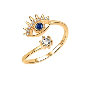 S925 Sterling Silver Evil Eye Adjustable Ring with Blue Gemstone and Zircon Accents