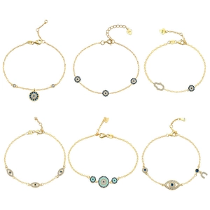 S925 Sterling Silver Gold Evil Eye Bracelet with Blue Zircon and Hamsa Hand Charms