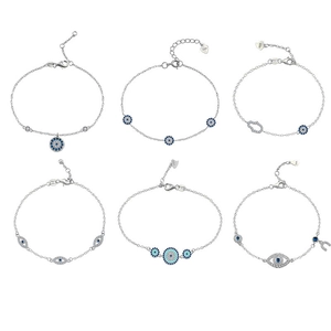 Set of six S925 sterling silver evil eye bracelets with blue and white zircon stones