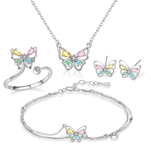 925 Sterlingsilber Schmetterling Schmuck Halskette Armband Ohrringe Verstellbarer Ring Bunte Zirkonia Elegant Süß Damen Modeschmuck