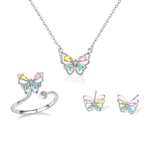 Schmuckset 925 Sterlingsilber Schmetterling mit bunten Zirkonias auf weißem Grund