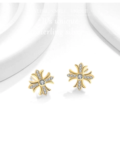 Vue détaillée des boucles d'oreilles croix en argent 925 doré serties de zircons brillants