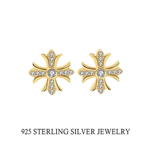 Boucles d'Oreilles Clous Fleur de Croix Gothique Avec Tige en Argent Sterling 925 Plaqué Or Platine Zircone Bijoux Hip Hop Unisexe