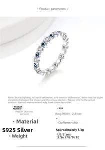 Detail view of S925 sterling silver evil eye heart ring with 2.8mm band and blue enamel