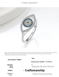 Macro detail of S925 sterling silver evil eye ring with dimensions and S925 hallmark