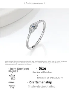 Detailed size specifications for S925 sterling silver evil eye ring with dimensions